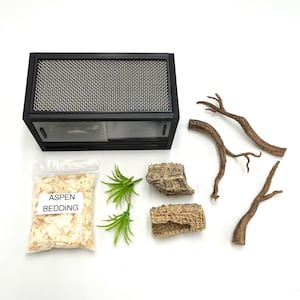 May include: A black terrarium with a mesh top, aspen bedding, decorative branches, and faux greenery. The aspen bedding is in a clear bag with the text "Aspen Bedding". The terrarium has a sliding glass door.