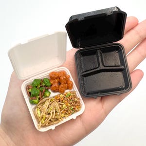 May include: Miniature takeout containers, one white and one black, with a variety of food items. The white container is open, revealing broccoli, noodles, and other dishes. The black container is empty and open. A fun, detailed food-themed item.