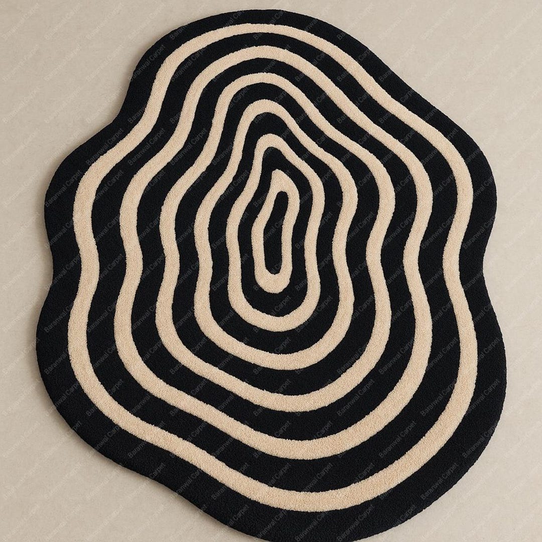 Beige Ripple Rug Black and Beige Ripple Rug: Wavy Contour Design, Irregular Shape - Etsy