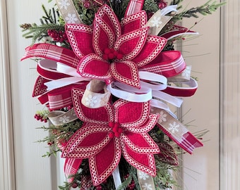 Christmas Swag Door Wreath with Red Poinsettia Bows, Holiday Front Door Decoration, Winter Garland with Berries & Ribbon