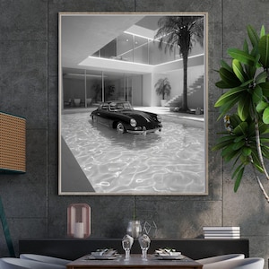 Car in the Pool, Vintage car Print, German Car Wall Art, Magazine Car Poster, Old Classic Car Poster, Modern Fathers Day Car Decor Art.