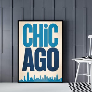Chicago Art Print Vintage Chicago Wall Art Trendy Home Decor Retro Chicago Print Minimalist Wall Art Chicago Poster Printable Wall Art Blue.