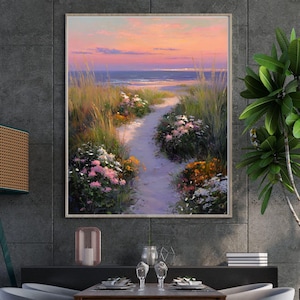 Pink Wildflowers Field Coastal Landscape Art Printable Wall Art, Beach House Style Art, Beachy print, Summer Beach Print, Digital Download.