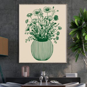 Green Floral Print Trendy Vase Poster, Classy Prints Stripe Vase Print Hand Drawn Flowers Print, Minimal Living Room Decor Bouquet Poster.