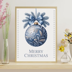 Christmas Wall Art – Elegant Holiday Ornament Print, Festive Blue Bauble Poster, Winter Seasonal Home Decor.
