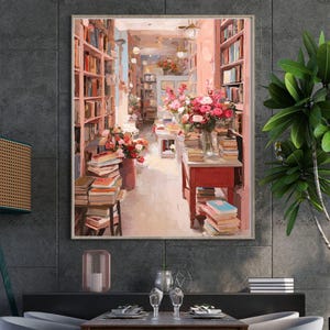 Soft Pink Library Poster, Pastel Academia, New York Print, Books Lover Gift, Soft Girl Aesthetic, Reading Posters, Preppy Room Decor