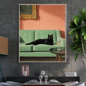 Black Cat with Martini Art Print | Cute Quirky Whimsical | Cocktail Art Bar Cart Decor | Fine Art Print Gift | Trendy Home Wall Art.