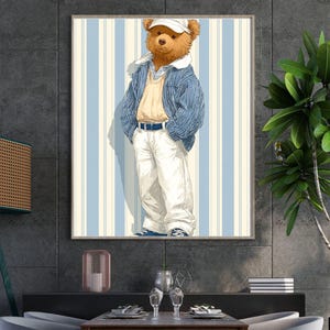 Polo Bär, trendige Kunstdrucke, Kinderzimmer Wandbild, Bären Wandkunst, Girly Raumdekor, rosa Kunstdruck, Kinderzimmer-Tierkunst, Digitaldrucke.