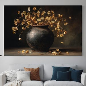 Rustic Dark Floral Autumn Painting, Moody Warm French Country Cottage Botanical Wall Decor, Downloadable Digital