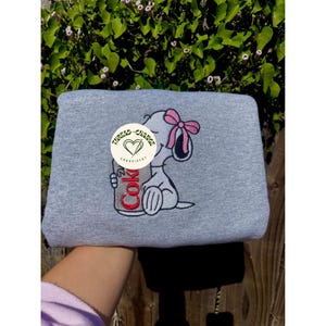 Embroidered Cartoon Dog Sweatshirt – Gray Cozy Sweater, Diet Coke Bow
