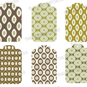 Retro Brown and Green Pattern Ephemera Printable Tags,  Ephemea for Junk Journals, Junk Journal Embellishment, Junk Journal Tags, Retro Tags