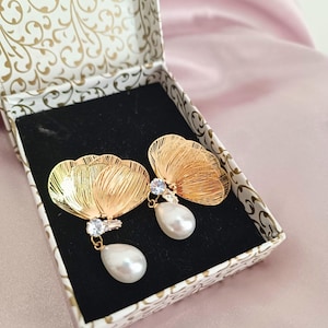 Gold Petal Drop Earrings: Pearl Teardrop, Crystal Accents