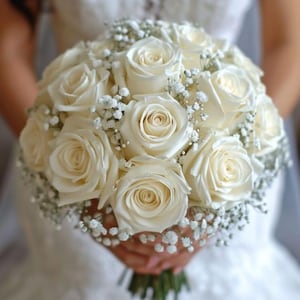 White Rose Bridal Bouquet: Baby&#39;s Breath, Hand-Wrapped Satin Ribbon