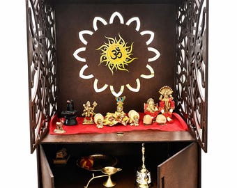 Wooden Mandir for Home | Decorative Hindu Temple with Doors & Storage