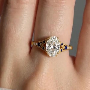 Vintage Oval engagement ring, Tapered Shank Blue Sapphire Gemstone ring 1-3 CT Lab Grown Diamond Wedding Ring Gift for women bridesmaid gift
