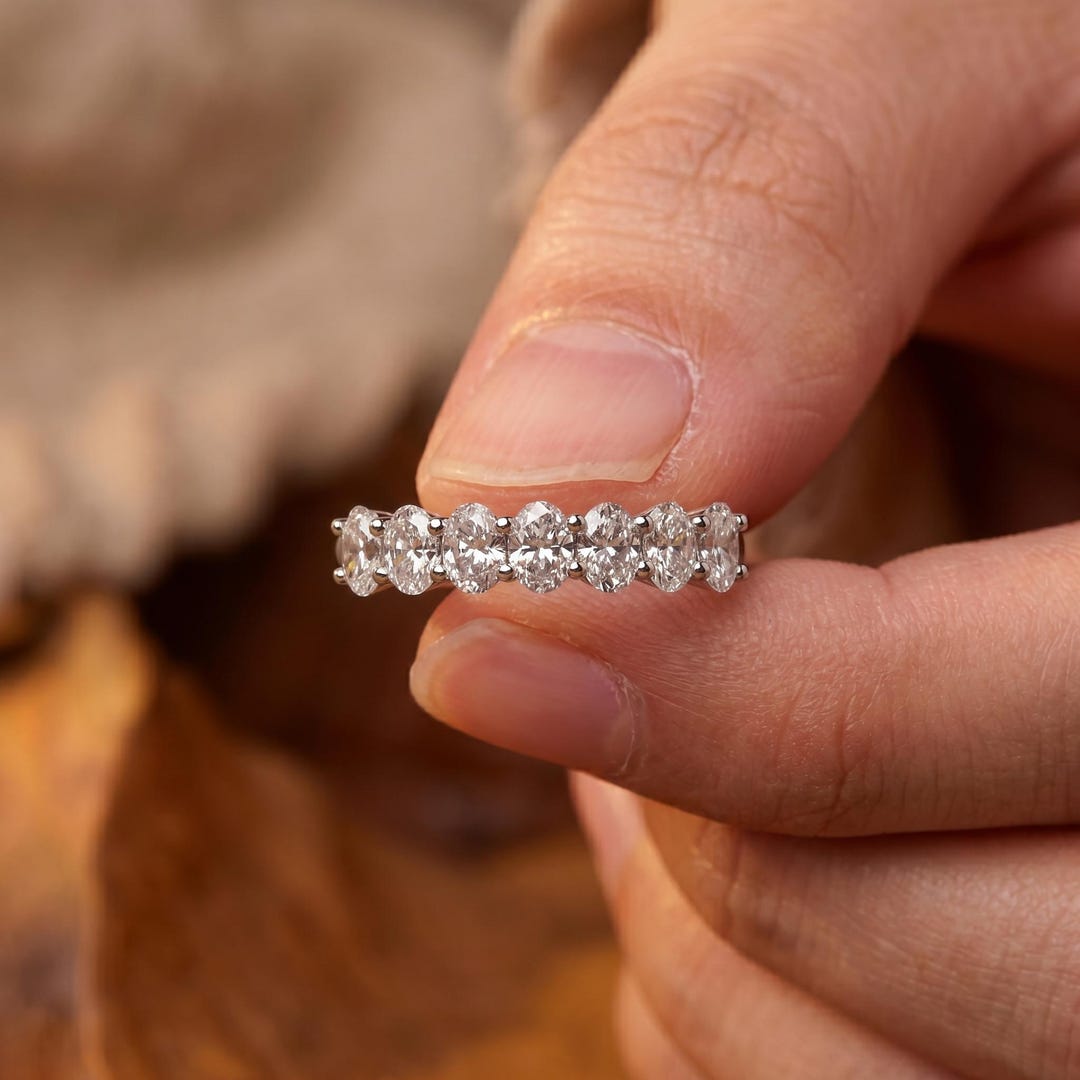 Oval Cut Diamond Half Eternity Wedding Band 14K White Gold Shared Prong ...
