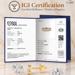 May include: An SGL jewellery report certificate for an 18k gold ring with 10 natural round brilliant diamonds totalling 0.63 carats. The document displays technical specifications alongside a cluster earring and a marquise-cut loose diamond.