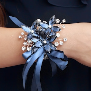 Amelia Wrist Corsage in Antique Blue Modern Flower Corsage Luxe Wedding & Prom Accessories, Perfect Navy Dresses and Prom image 1