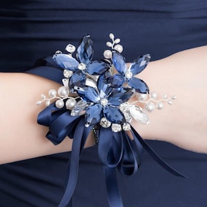 Sylvie Wrist Corsage in Antique Blue & Silver with White Pearls for Weddings and Prom