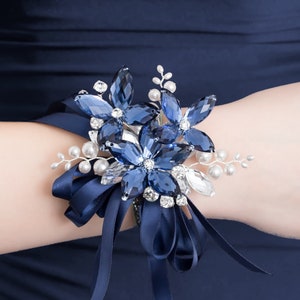 Sylvie Wrist Corsage in Antique Blue & Silver with White Swarovski Crystal Pearls