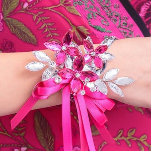 Madison Wrist Corsage in Hot Pink & Silver