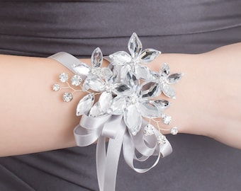 Sophie Wrist Corsage in Silver - Modern Flower Corsage - Luxe Wedding & Prom Accessories, Perfect for Prom