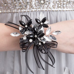 Madison Wrist Corsage in Jet Black & Silver Modern Flower Corsage Luxe Wedding and Prom Accessories, Perfect for Prom image 1