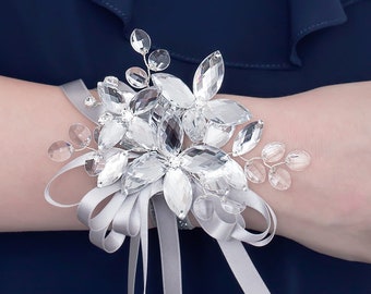 Cordelia Wrist Corsage in Silver and Clear - Modern Flower Corsage - Luxe Wedding & Prom Accessories, Perfect for Prom