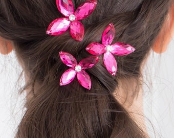 Geneviève Flower Hair Pins in Hot Pink: Set of 3