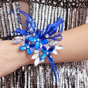 Madison Wrist Corsage in Royal Blue and Silver Crystal