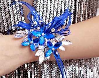 Madison Wrist Corsage in Royal Blue and Silver - Modern Flower Corsage  - Luxe Wedding & Prom Accessories, Perfect for Prom