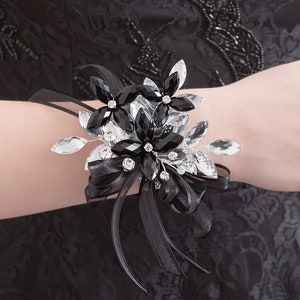 Madison Wrist Corsage in Jet Black & Silver Modern Flower Corsage Luxe Wedding and Prom Accessories, Perfect for Prom image 2