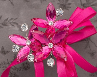 Petite Amelia Wrist Corsage in Hot Pink for Weddings and Prom