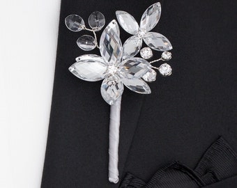 Julien Boutonniere in Silver and Clear- Modern Flower Boutonniere - Matching Corsage Sold Separately , Perfect for Weddings and Prom