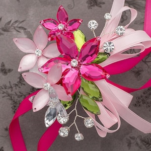 Sophie Wrist Corsage in Hot Pink, Rosey Pink Luster & Fern Green