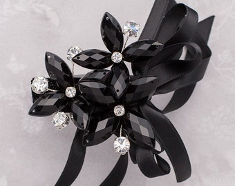 Petite Amelia Wrist Corsage in Jet Black - Modern Flower Corsage - Luxe Wedding & Prom Accessories, Perfect for Prom or Prom