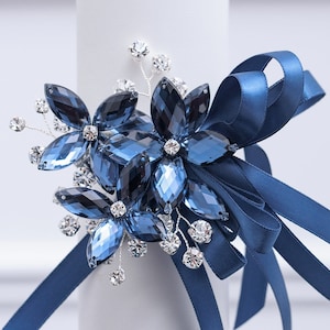 Amelia Wrist Corsage in Antique Blue Modern Flower Corsage Luxe Wedding & Prom Accessories, Perfect Navy Dresses and Prom image 3