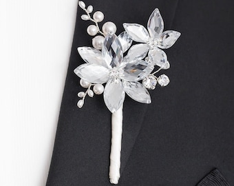 Pearl Gabriel Boutonniere in Silver with White Crystal Pearls for Weddings and Prom
