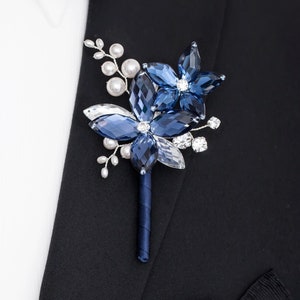 Pearl Gabriel Boutonniere in Antique Blue and Silver with White Swarovski Crystal Pearls - Perfect for Weddings and Prom