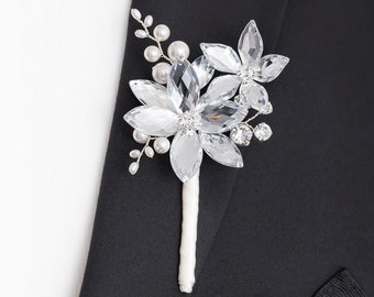 Pearl Gabriel Boutonniere in Silver with White Swarovski Crystal Pearls - Perfect for Weddings and Prom