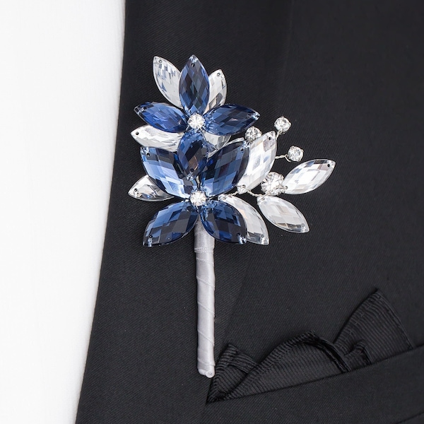 Mason Boutonniere in Antique Blue & Silver - Modern Flower Boutonniere - Matching Corsage Sold Separately, Perfect for Weddings, Prom