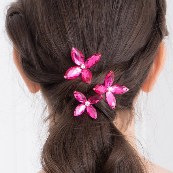 Ellie Flower Hair Pins in Hot Pink, Set of 3 - Choice of Small, Medium, Large, or Mixed Flowers - Luxe Wedding and Prom Accessories