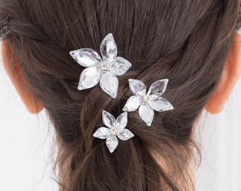 Fleur Flower Hair Pins in Silver, Set of 3 - Choice of Small, Medium, Large, or Mixed Flowers - Luxe Wedding and Prom Accessories