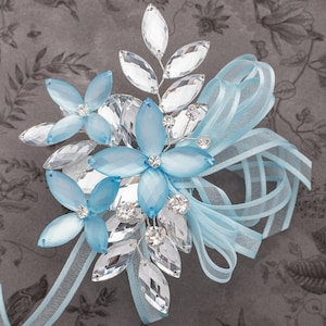 Madison Wrist Corsage in Sky Blue Luster and Silver - Modern Prom Corsage - Luxe Wedding & Prom Accessories, Perfect for Prom