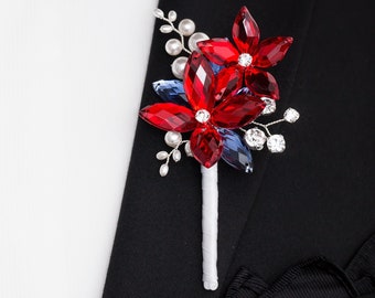 Gabriel Boutonniere in Red and Antique Blue with White Swarovski Crystal Pearls - Americana Boutonniere in Red White and Blue