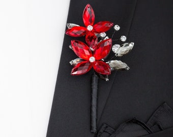 Mason Boutonniere in Red & Deep Graphite - Modern Flower Boutonniere  -Matching Corsage Sold Separately, Perfect for Weddings and Prom