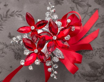Sylvie Wrist Corsage in Red and Silver - Modern Flower Corsage -Luxe Wedding and Prom Accessories