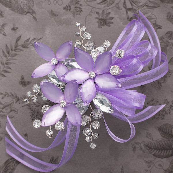 Sylvie Wrist Corsage in Lavender Purple Luster with Silver Crystals - Modern Flower Corsage -Luxe Wedding and Prom Accessories