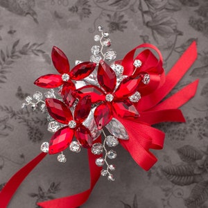 Red crystal wrist corsage for prom and weddings by Ky Kampfeld