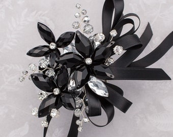 Sylvie Wrist Corsage in Jet Black and Silver - Modern Flower Corsage -Luxe Wedding and Prom Accessories